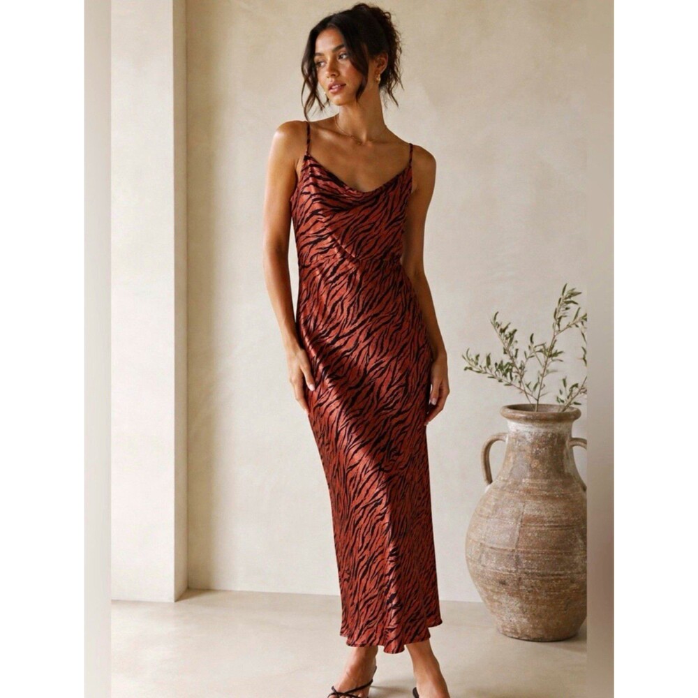 Anthropologie Cowl Neck Slip Dress Size M Animal Print Satin Midi Dress